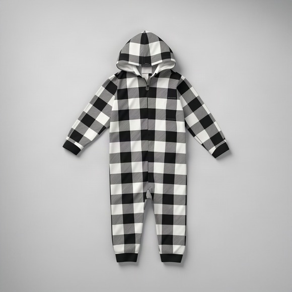 Pj Place Other - PJ Place Kids XL 14 Buffalo Check Fleece Hooded One Piece Pajamas Black White